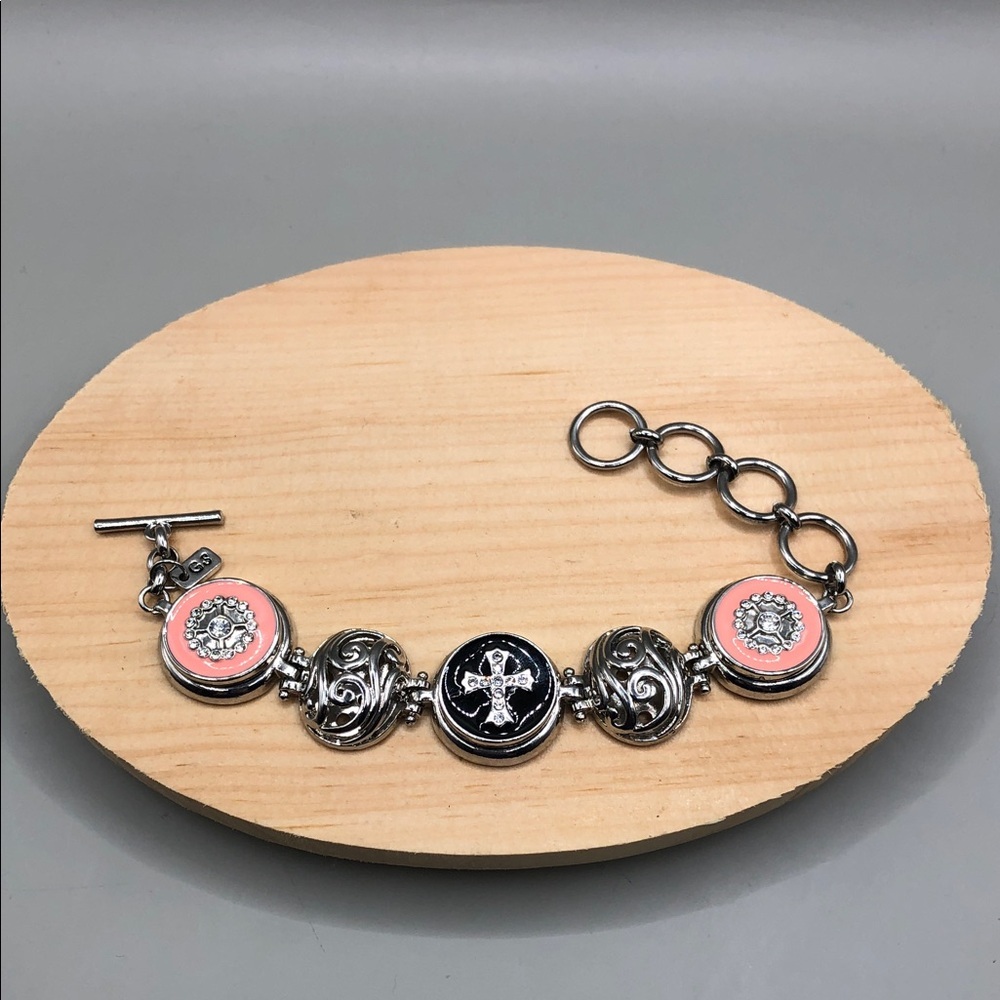 Ginger Snaps 3 snaps scroll stations silver cross enamel medallion bracelet.